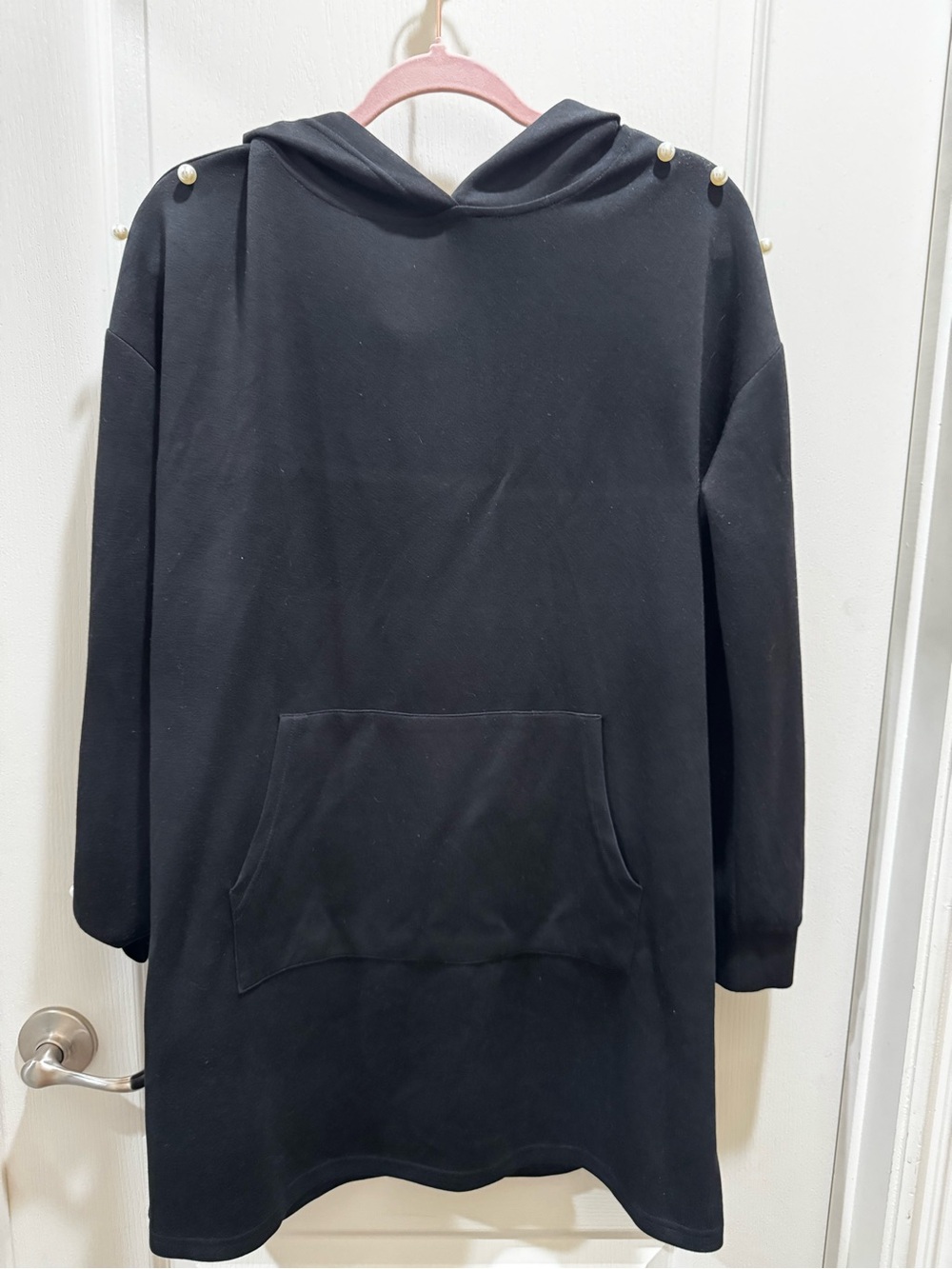 Women’s Black Hooded Dress with Pearl Detail